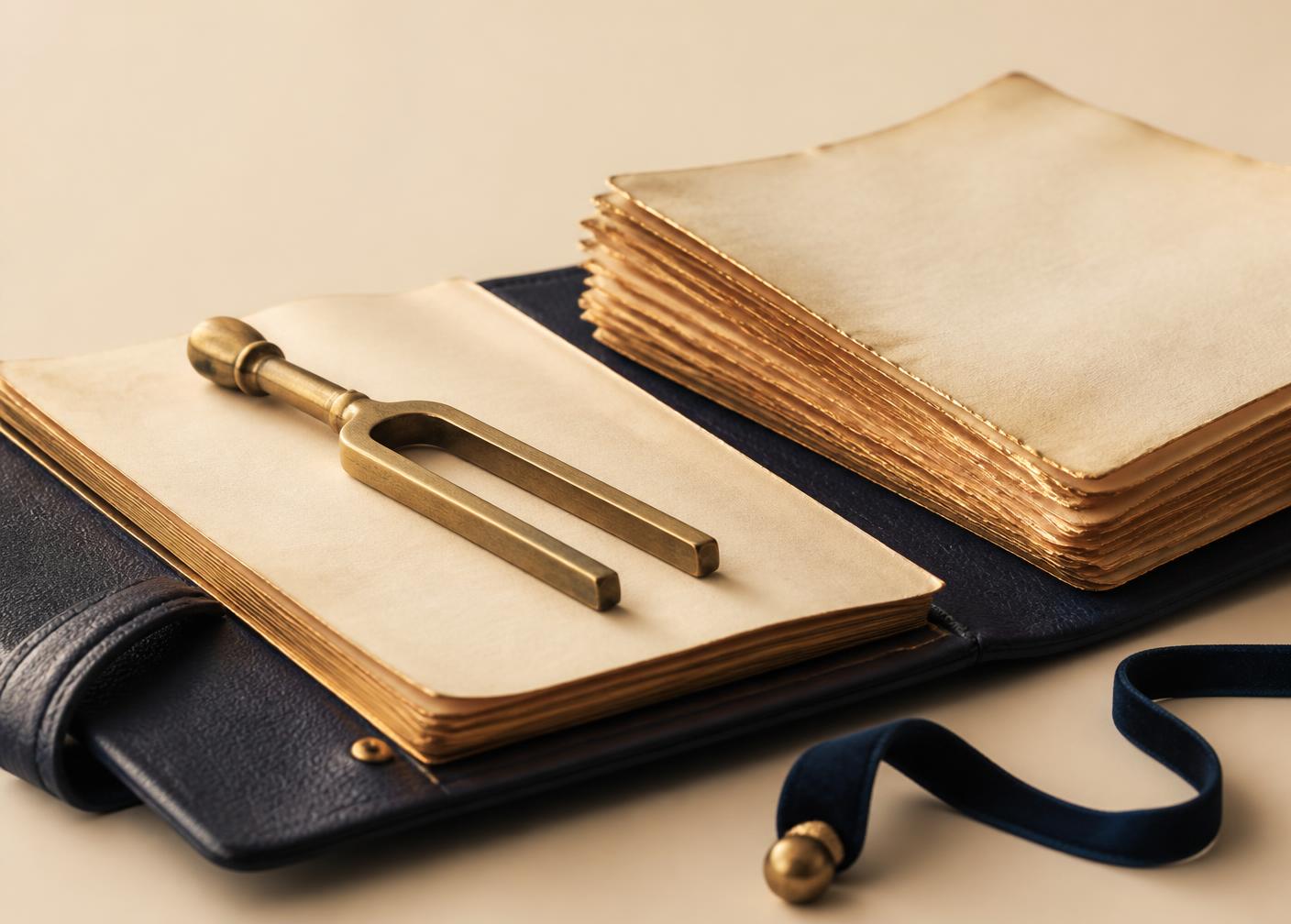 A brass tuning fork resting on an open leather ledger beside gold-edged pages