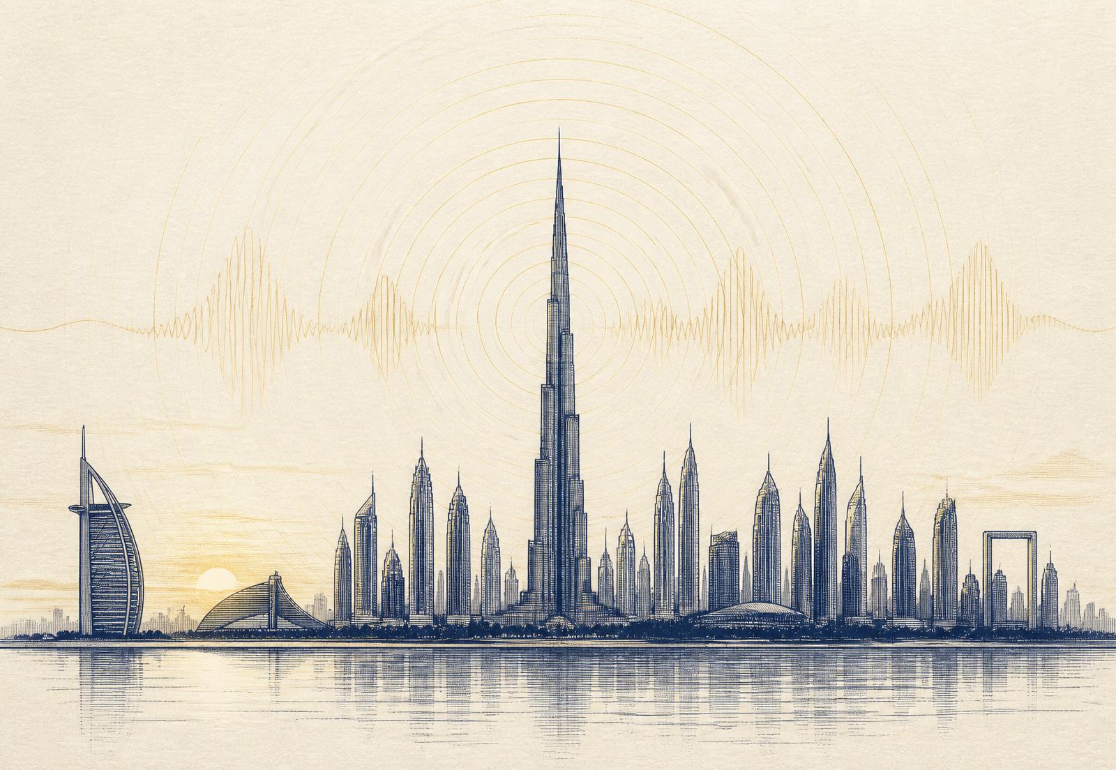 Illustrated Dubai skyline at dawn with a soft golden sound-wave pattern